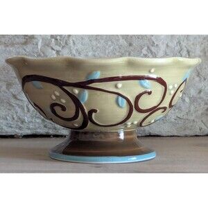 Vintage Russ Berrie & Co Ceramic Swirl Ice Cream Bowl Beige Brown Green Decor